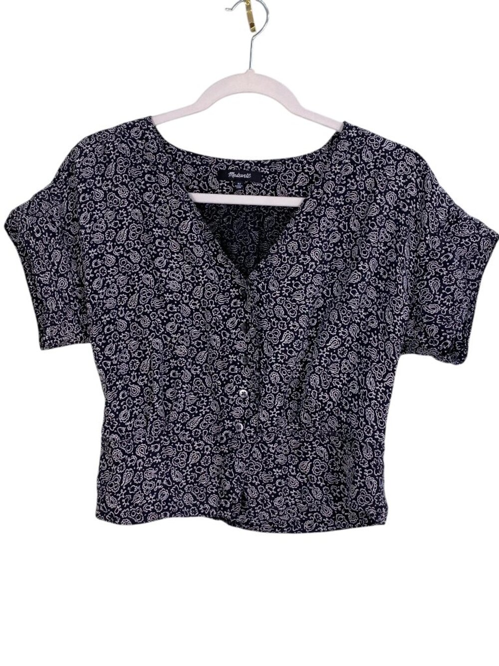 Madewell Button Front Peplum Top Cupro Bandana Paisley Vegan Silk Festival-XS
